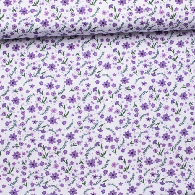 Cotton fabric Purple flowers white