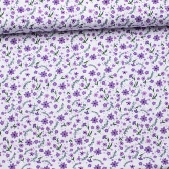 Cotton fabric Purple flowers white
